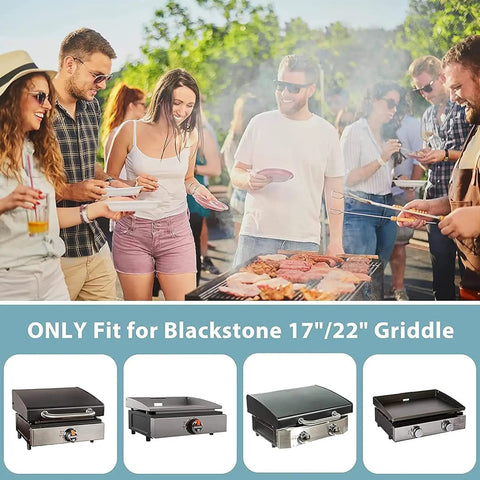 Group cooking on a Blackstone griddle using a Propane Adapter Hose With Regulator For Blackstone 17 And 22 Inch Griddles.