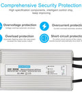 24V 800W IP67 Waterproof LED Driver Power Supply For Outdoor Lighting, Ultra Quiet And 91 Percent Efficient DC Output, 90 To 130V AC Input At 50 To 60Hz, Compact 9.25 Inch Long By 4.72 Inch Wide By 2.2 Inch High, silver metal casing with protection icons