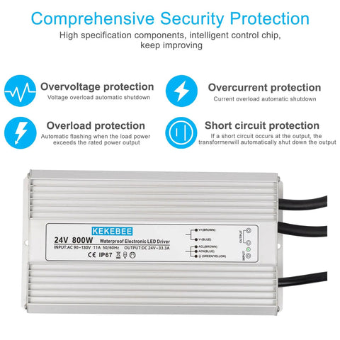 24V 800W IP67 Waterproof LED Driver Power Supply For Outdoor Lighting, Ultra Quiet And 91 Percent Efficient DC Output, 90 To 130V AC Input At 50 To 60Hz, Compact 9.25 Inch Long By 4.72 Inch Wide By 2.2 Inch High, silver metal casing with protection icons