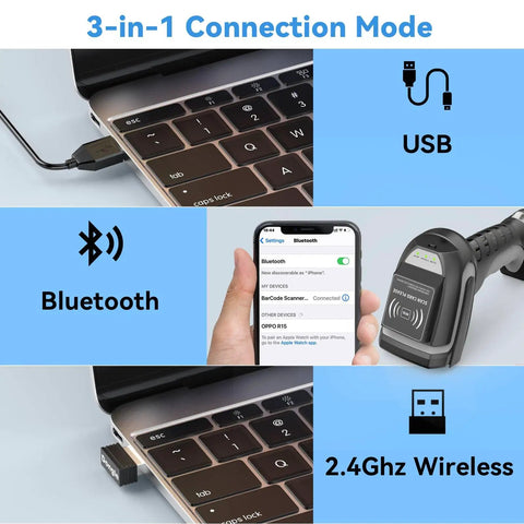 Image showing All In One No Fuss 1D 2D Barcode Scanner And UHF RFID Reader with USB, Bluetooth, 2.4Ghz Wireless connectivity for devices.