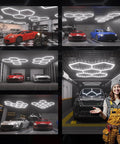 Hexagon Garage Light Tubes 2 Pack 7W LED Hexagon Tube Lights installed in car detailing shop with clear fire-resistant plastic