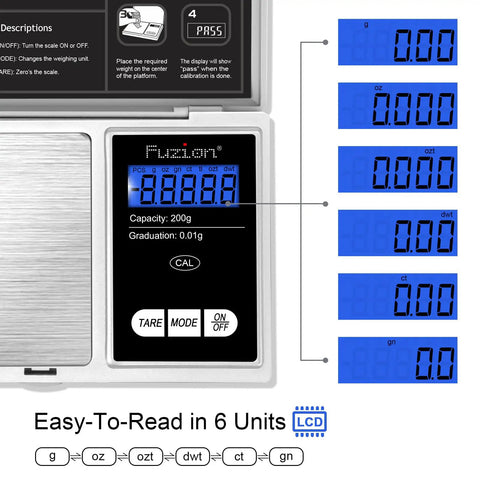 Digital Pocket Gram Scale With 200g Capacity And 0.01g Precision, Showing Six Weighing Modes On Blue LCD Display