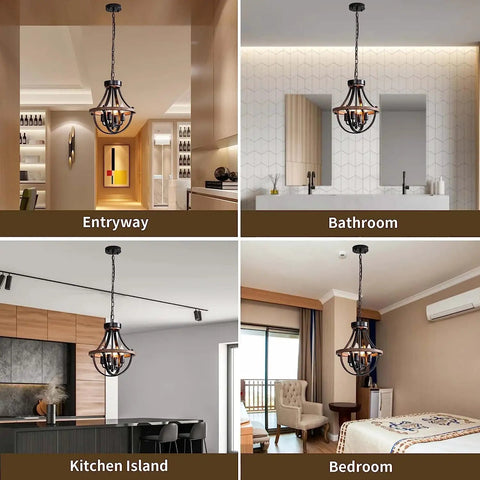Cozy Farmhouse Style 4 Light Chandelier For Hallway Foyer Dining Room Kitchen Island And Entryway Modern Hanging Pendant Lighting shown in various rooms