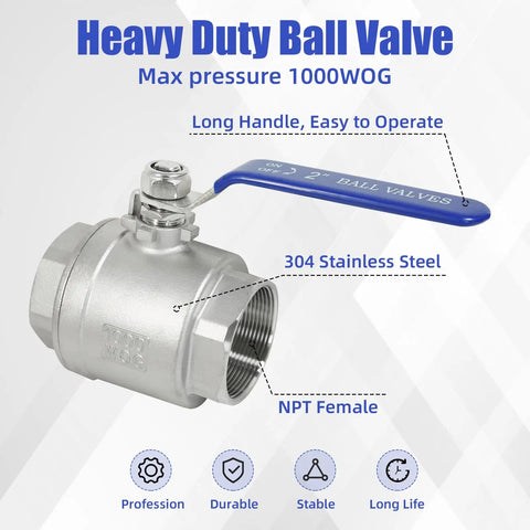 Two Pack 2 Inch Full Port Ball Valve 304 Stainless Steel NPT Female Heavy Duty Shut Off Valve For Water Oil And Gas Systems With Blue Locking Handles 1000 WOG image
