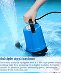 Hand holding Beefed Up 1 HP Submersible Sump Pump with 4500 GPH flow in pool, showing water transfer capability.