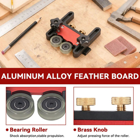 Aluminum alloy Pro Grade Bearing Roller Featherboards for table saw, router table, band saw guards with brass knobs and PU wheels.