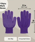 Women's Garden Gloves Set, 6 Pairs, Thorn Proof And Cut Resistant, Breathable Cotton With Enhanced Grip For Berry Picking And Outdoor Work, Pink Purple Blue displayed in purple with anti-slip grip and sizing dimensions.