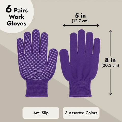 Women's Garden Gloves Set, 6 Pairs, Thorn Proof And Cut Resistant, Breathable Cotton With Enhanced Grip For Berry Picking And Outdoor Work, Pink Purple Blue displayed in purple with anti-slip grip and sizing dimensions.