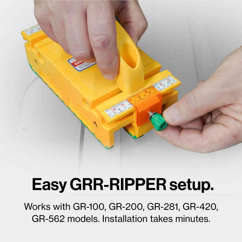 GRR Ripper Safe Rip Upgrade Kit For Table Saw Safety with orange cursor index and green setup knob for easy installation.