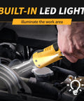 Pro Grade 3/8 Inch Cordless Electric Ratchet Wrench Kit With Variable Speed And 45 Ft Lbs Of Twist Power illuminating engine area with built-in LED light.