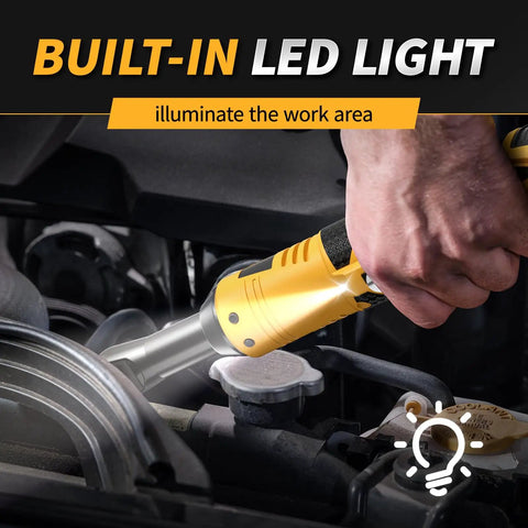 Pro Grade 3/8 Inch Cordless Electric Ratchet Wrench Kit With Variable Speed And 45 Ft Lbs Of Twist Power illuminating engine area with built-in LED light.