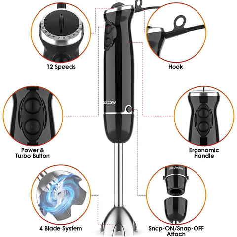 Heavy Duty Immersion Blender Set 500W Super Quiet Handheld Mixer With 12 Speed Settings BPA Free ergonomic design and attachments.