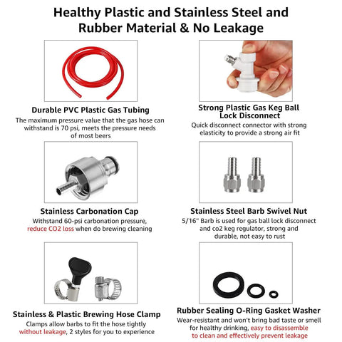 Ball Lock Disconnect Gas Tubing Kit For Soda And Beer Carbonation, parts overview with tubing, ball lock, and cap.