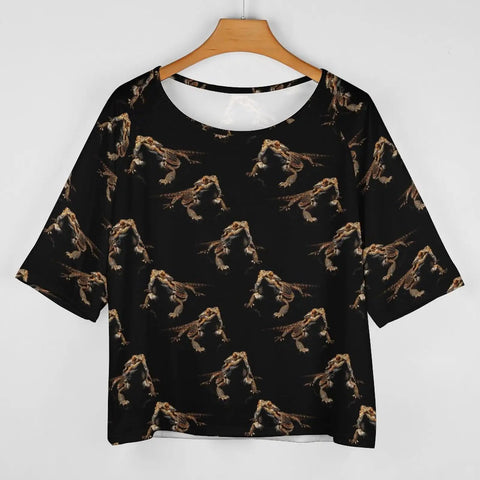 Women's Short Sleeve Boat Neck Loose Fit Go To Casual Tee With Bearded Dragon Lizard Print Lightweight Breathable Polyester Spandex Blend Easy Care Everyday Comfort Top displayed on a hanger