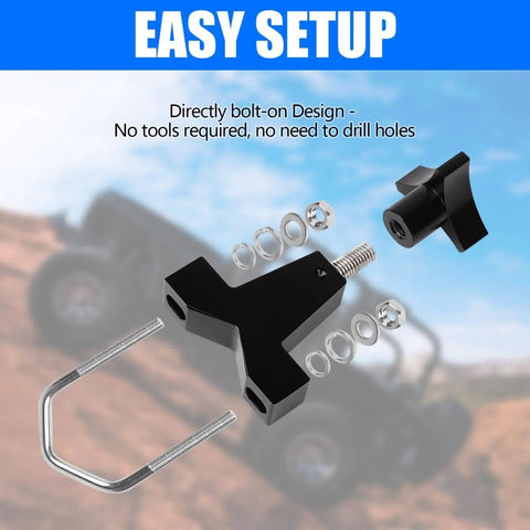 Hi Lift Jack Tube Mount For 1 To 2.5 Inch Tubing Fits Polaris RZR Offroad Rigs Universal Vehicle And Truck Adjustable High Lift Jack Mounting Aluminum With Stainless Hardware, shown with easy bolt-on design parts and hardware.