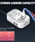Slick 200W Car Power Inverter With Four Usb Ports And Dual Ac Outlets Transforming 12V Dc Into 110V Ac No Sweat Setup For Laptops Cpaps Game Consoles And Tailgate Parties White with visible plug and power indicators.