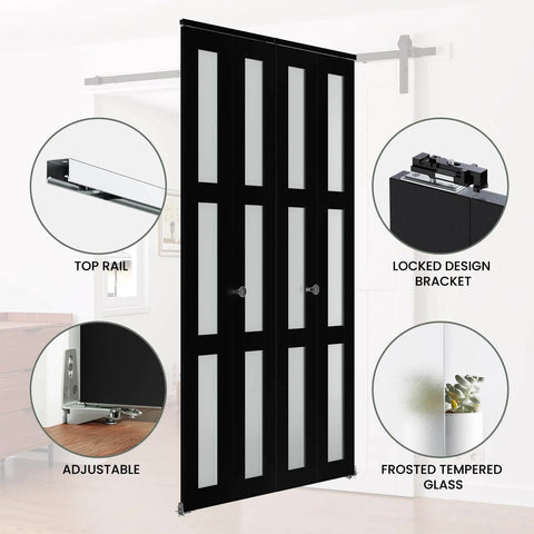 Black Bi-Fold Closet Door With Frosted Tempered Glass, 72 By 80 Inches Opening, 78 Inch Door Height, Wood Grain Laminate Finish, Includes Hardware Kit For Easy Installation And Simple Mounting shown with detailed components.