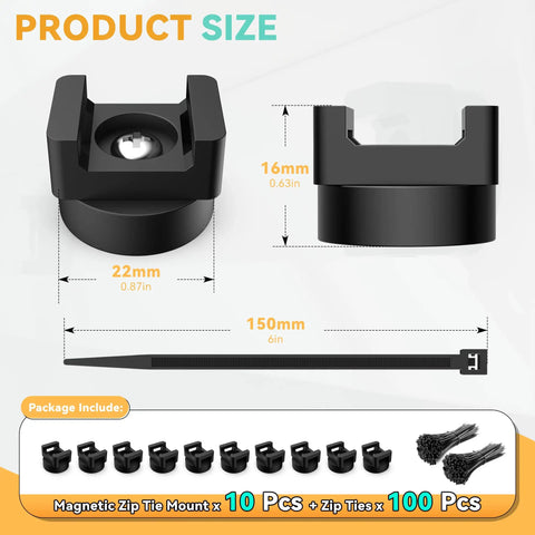 Magnetic Zip Tie Mount Base Set With 110 Pieces 26Lb Strong Hold, showing dimensions and pieces included in kit