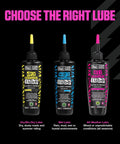 Three Muc-Off bike chain lubes: dry weather (yellow cap), wet weather (blue cap), all-weather (pink cap), 120 ml each.