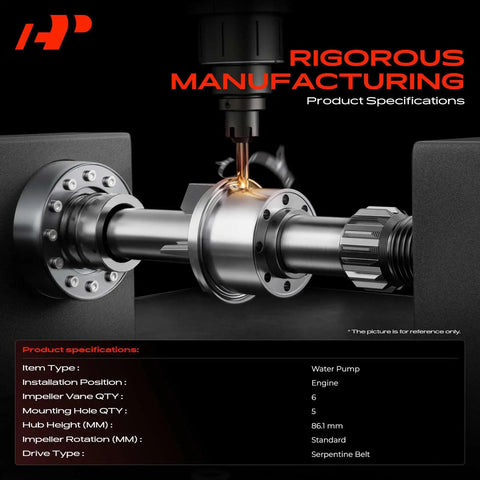 Heavy Duty Cooling System Water Pump Replacement With Precision Seal Kit fits engines, showcasing precision manufacturing and specs.