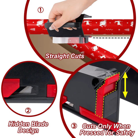 Two In One Wrapping Paper Cutter And Tape Dispenser All In One Wrapping Station No Fuss With Four Tape Refills And Two Blades For Quick Easy Gift Wrapping Ideal For Parties And Holidays Making Gift Wrapping Fast Clean And Fun. black plastic wrapping paper cutter and tape dispenser with hidden blade