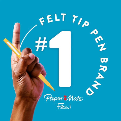Hand holding a yellow pen with text '#1 Felt Tip Pen Brand' and 'Paper Mate Flair' on a blue background.