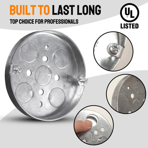 4-Pack Shallow Round Electrical Boxes For Ceiling Pancake Installations, 1/2-Inch Deep, Galvanized Steel, front view