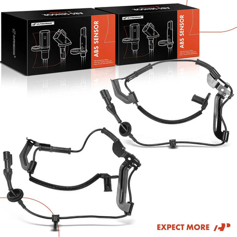 Fresh Pair Of Two Front Abs Wheel Speed Sensors For Ford Escape 2009 To 2012 And Mercury Mariner in packaging with harness details.