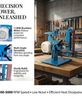 Heavy Duty 1100W Brushless Grinder And Polisher Belt Sander With Adjustable Speed Control Up To 5000 Rpm on a workbench in a workshop.