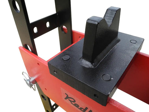 Detail view of the top plate on 20 Ton Air Powered Hydraulic Shop Press featuring deluxe sliding carriage.