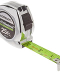 High Visibility Pro Tape Measure Workhorse With Inch And Engineer Scale, 25 Feet By 1 Inch, Chrome Case, Easy Slide Lock shown extended