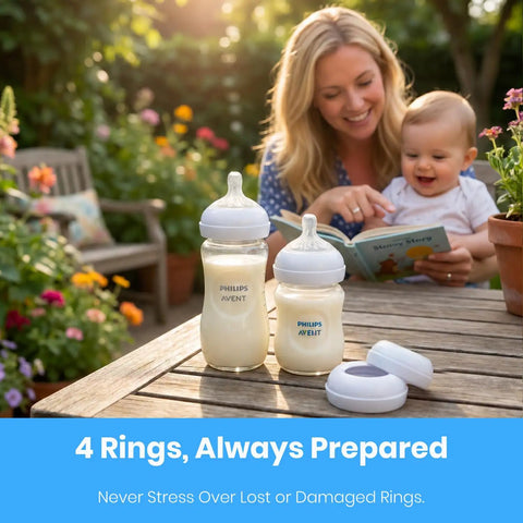 Rock Solid Replacement Collar Rings For Baby Bottles Secure Screw Lids No Spill Nipple Seals BPA Free on a table with bottles.