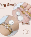 10Pcs Carabiner Clip Pendant Clasps in 18K Gold Tone for Necklaces and Bracelets, showing size comparisons on wrist with coins.