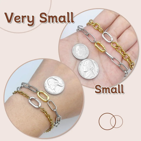 10Pcs Carabiner Clip Pendant Clasps in 18K Gold Tone for Necklaces and Bracelets, showing size comparisons on wrist with coins.
