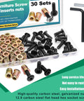 Heavy Duty Wood Furniture Threaded Inserts Set 30 Pieces 1/4-20 X 15mm With 1/4-20 X 20mm Screw In Nuts And Hex Wrench shown in packaging.