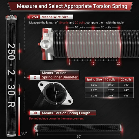 Diagram showing Pair Of 2 Inch Garage Door Torsion Spring Set With Non Slip Winding Bars And Center Bearing Black Coated 0.250x2x30 Replacement And DIY Install Kit For Up To 16,000 Cycles with measurements.