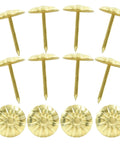 Badass Upholstery Decorative Tacks Delivering Slick Gold Brass Shine Heavy Duty Daisy Nail Hardware For Furniture Crafting And Quick Room Upgrade Chores 100 Piece Bulk close-up of golden floral head tacks with shank.