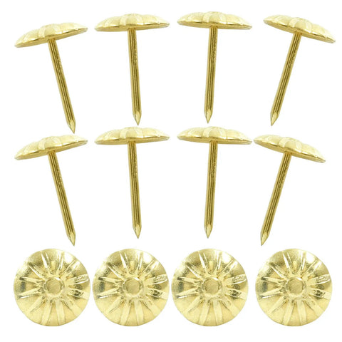 Badass Upholstery Decorative Tacks Delivering Slick Gold Brass Shine Heavy Duty Daisy Nail Hardware For Furniture Crafting And Quick Room Upgrade Chores 100 Piece Bulk close-up of golden floral head tacks with shank.