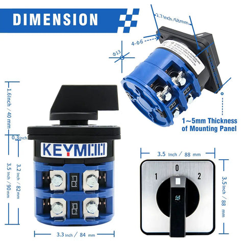 Dimensions and features of Beefy 125A Rotary Changeover Switch 660V 3 Position 2 Pole 8 Terminals