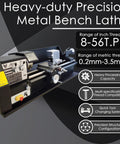 Metal bench lathe with geared head; black industrial turning machine with variable speed