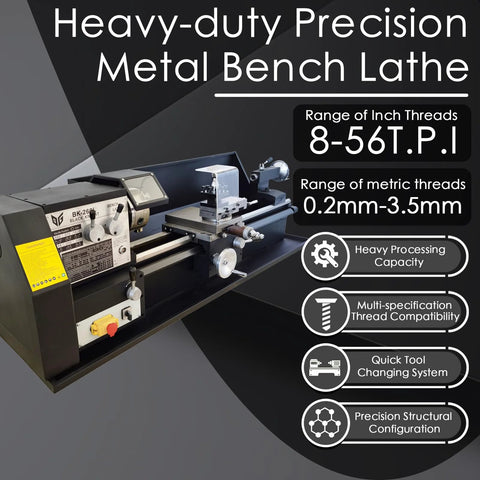 Metal bench lathe with geared head; black industrial turning machine with variable speed