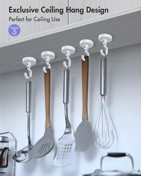 Heavy Duty No Drill Adhesive Hooks Set 3 Pound Capacity Damage Free White 6 Pack holding kitchen utensils from ceiling