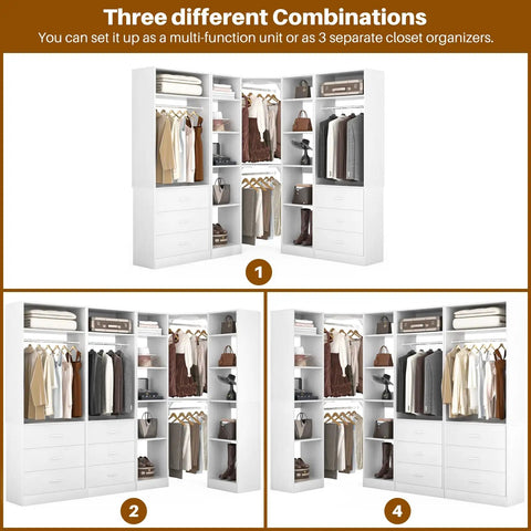 Hella Spacious Corner Closet Organizer Featuring Heavy Duty Drawers And Ample Shelving for versatile storage options in white.
