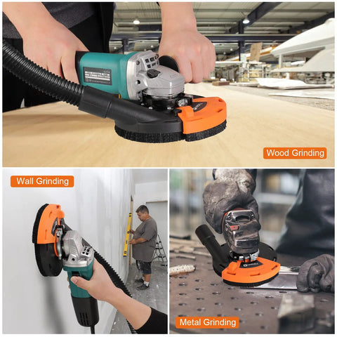 7 Inch Dust Shroud for Angle Grinder in use on wood, wall, and metal surfaces with vacuum-ready feature shown in workshop setting.