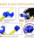 Steps showing installation of blue Must Have 125 Pack Solderless Quick Splice Wire Connectors for automotive electrical wiring repairs.