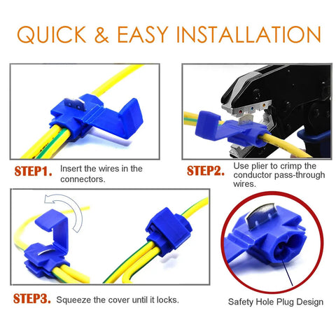 Steps showing installation of blue Must Have 125 Pack Solderless Quick Splice Wire Connectors for automotive electrical wiring repairs.