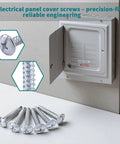Heavy Duty Twelve Pack Zinc Plated Load Center Cover Screws on surface next to electrical panel cover, showcasing durability and design.