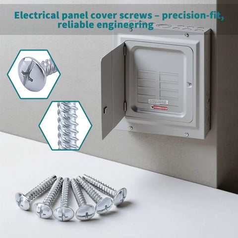 Heavy Duty Twelve Pack Zinc Plated Load Center Cover Screws on surface next to electrical panel cover, showcasing durability and design.