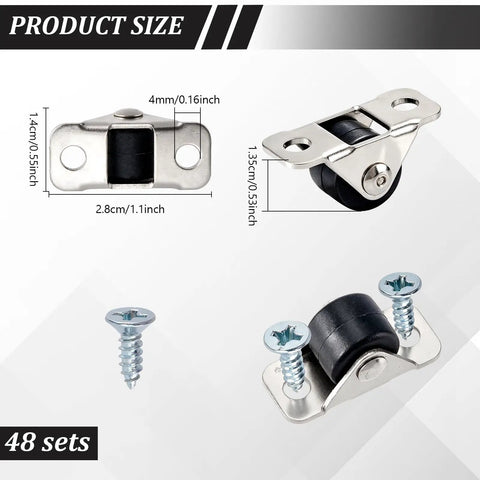 Roll Like Butter With These 48 Pack Mini Fixed Caster Wheels Featuring Hush Quiet Half Inch TPE Rubber Build, measuring details shown.