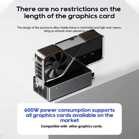 Plug and Play External Gpu Enclosure With Oculink And Usb4 Hot Swap Support Featuring A Rock Solid Eight Hundred Watt Power Supply To Upgrade Your Laptop Setup Today Black, showcasing an aluminum alloy design.